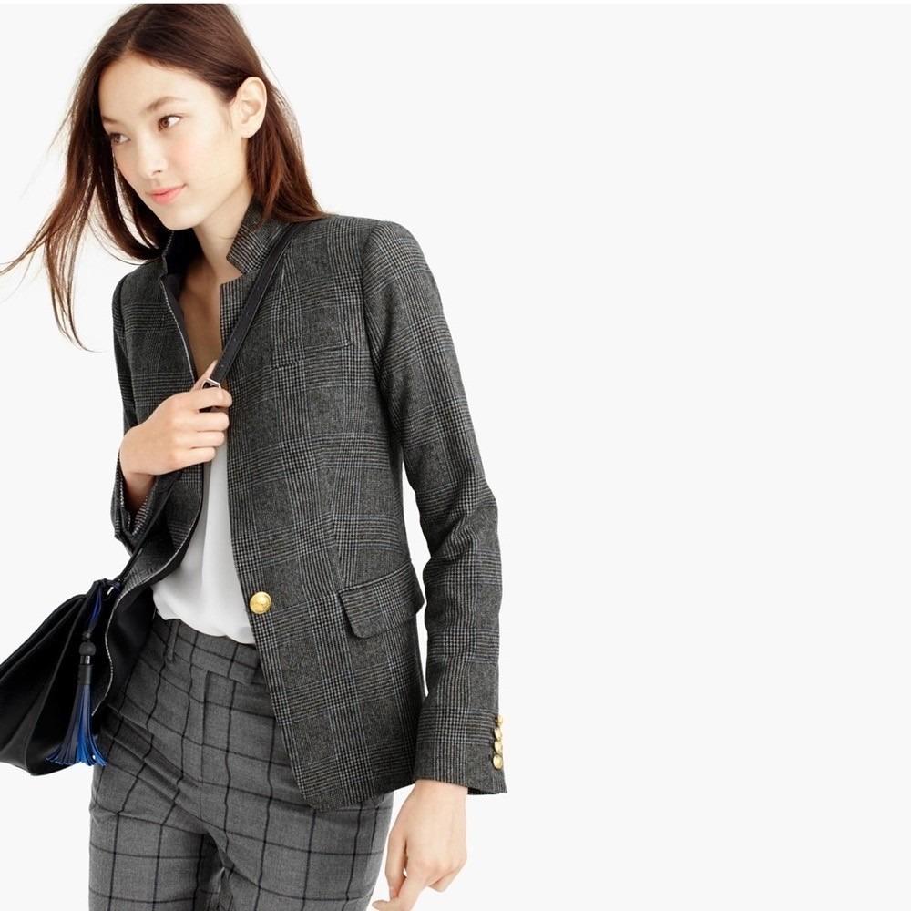J. CREW Wool Regent Blazer Plaid Satin Lapels Houndstooth Black Gray Size 6